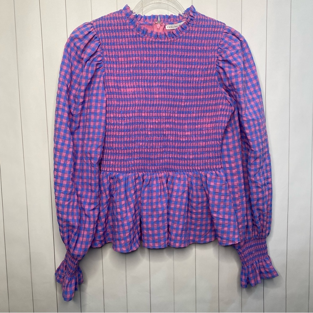 Tuckernuck Judy Blouse Pink Blue Gingham English Factory Hyacinth Spring Smock S